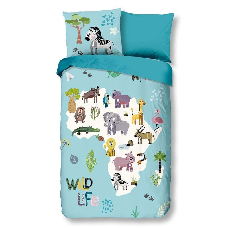 Kinderdekbedovertrek Dekbedovertrek Wildlife - 200x140 cm Blauw - Dessin: Dieren - Good Morning - Dekbed-Discounter.nl