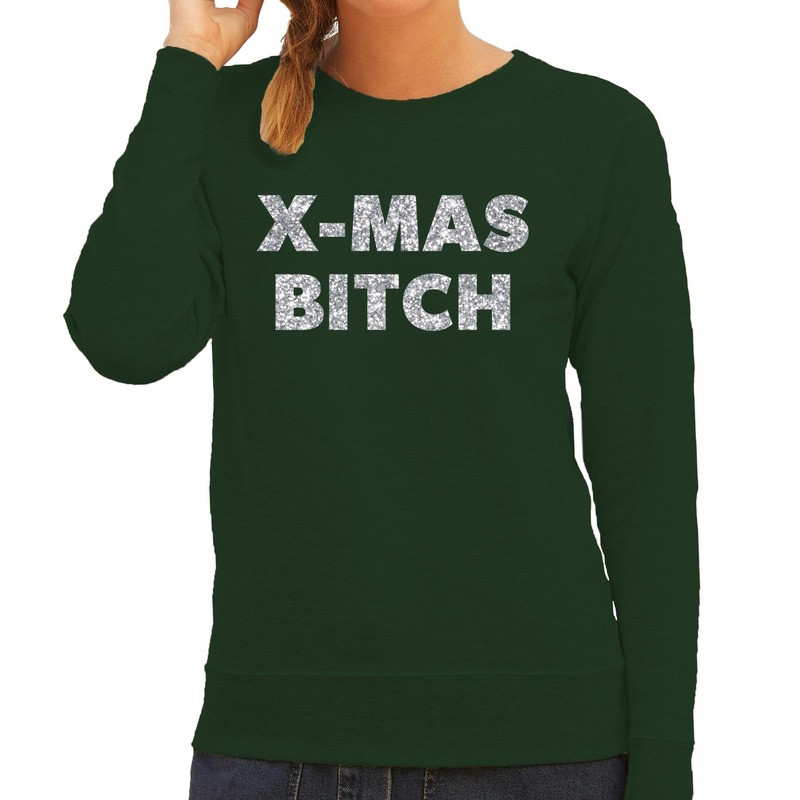 Kersttrui Christmas Bitch zilveren glitter letters groen dames