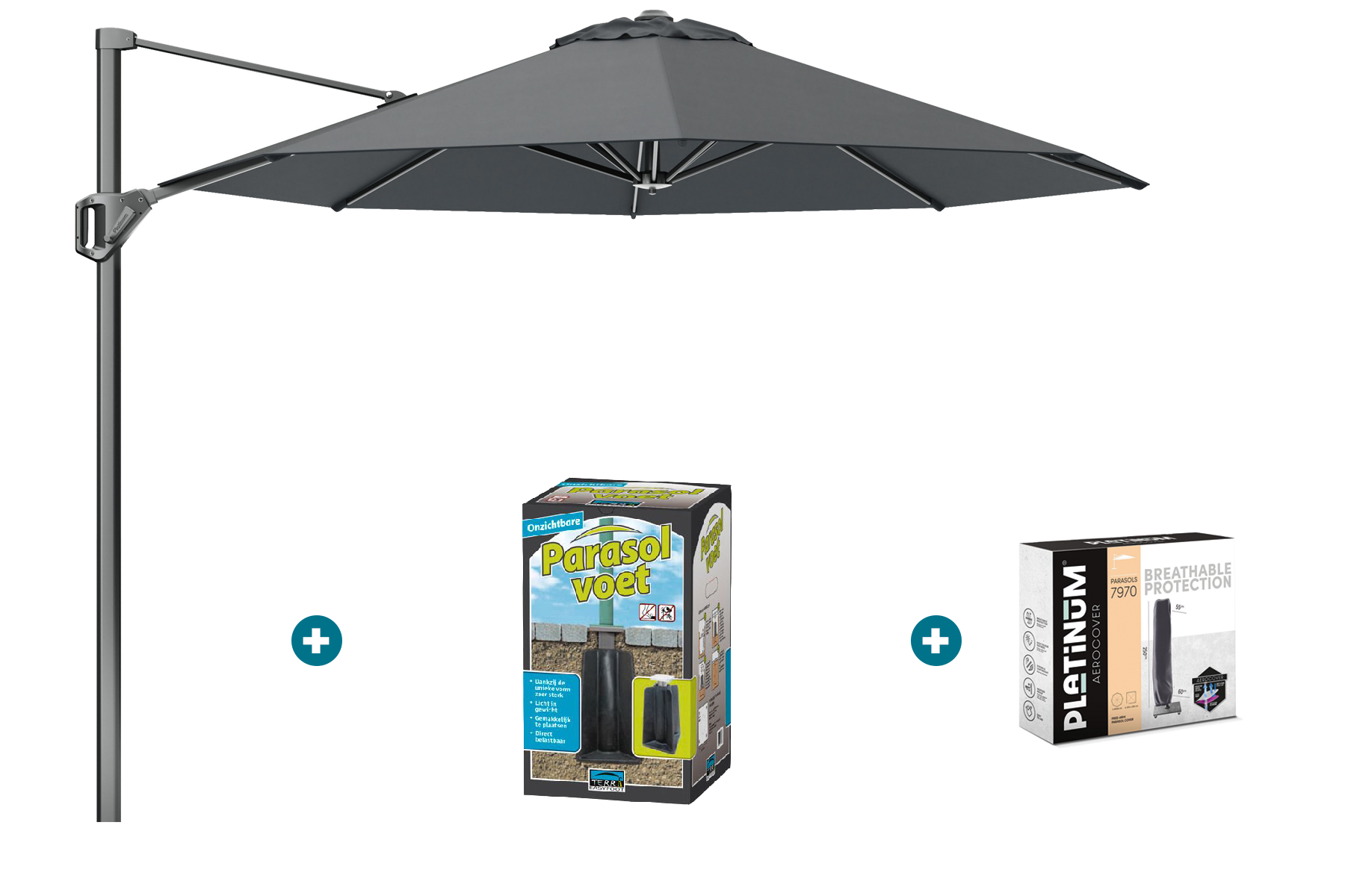 Platinum Voyager ronde zweefparasol T1 3 m. - Antraciet met ingraafvoet en hoes