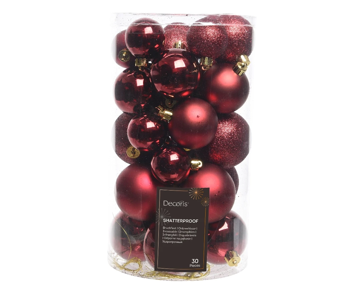 Decoris kerstballen set Plastic 30st Ossenbloed 4-5-6cm