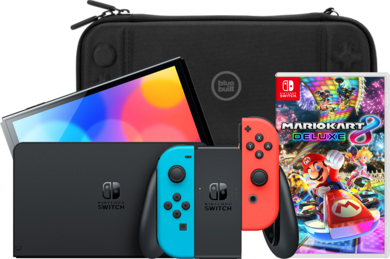 Nintendo Switch OLED Blauw/Rood + Mario Kart 8 Deluxe + BlueBuilt Beschermhoes