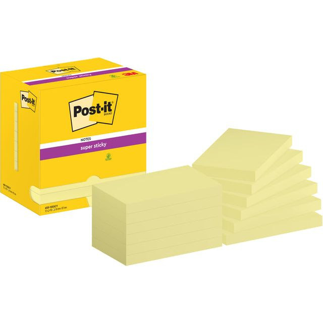 Post-It Super Sticky Notes, 90 vel, ft 76 x 127 mm, geel, pak van 12 blokken