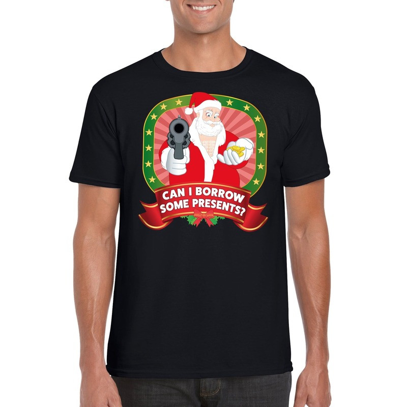 Foute Kerst t-shirt zwart can I borrow some presents voor heren