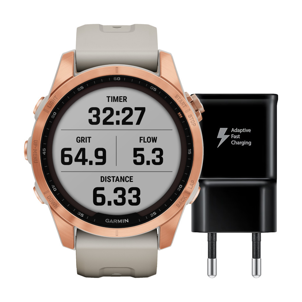 Garmin Fenix 7S Solar Roségoud 42mm + Samsung Adaptive Fast Charging Oplader met Usb A