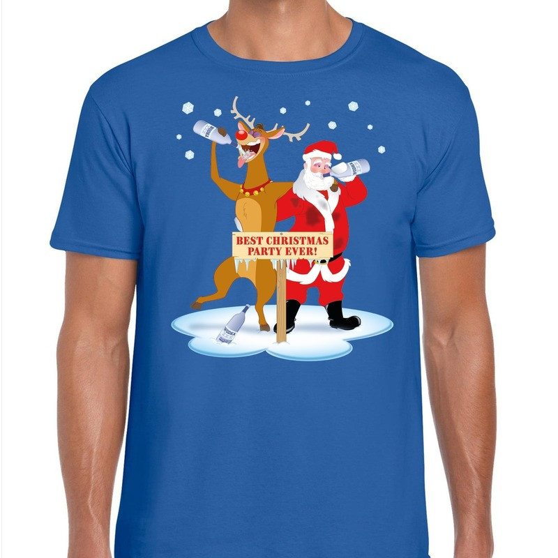 Foute Kerst t-shirt dronken kerstman en Rudolf blauw heren