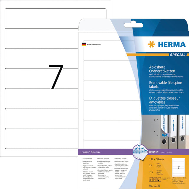 Rugetiket HERMA 10155 smal 38x192mm verwijderbaar wit