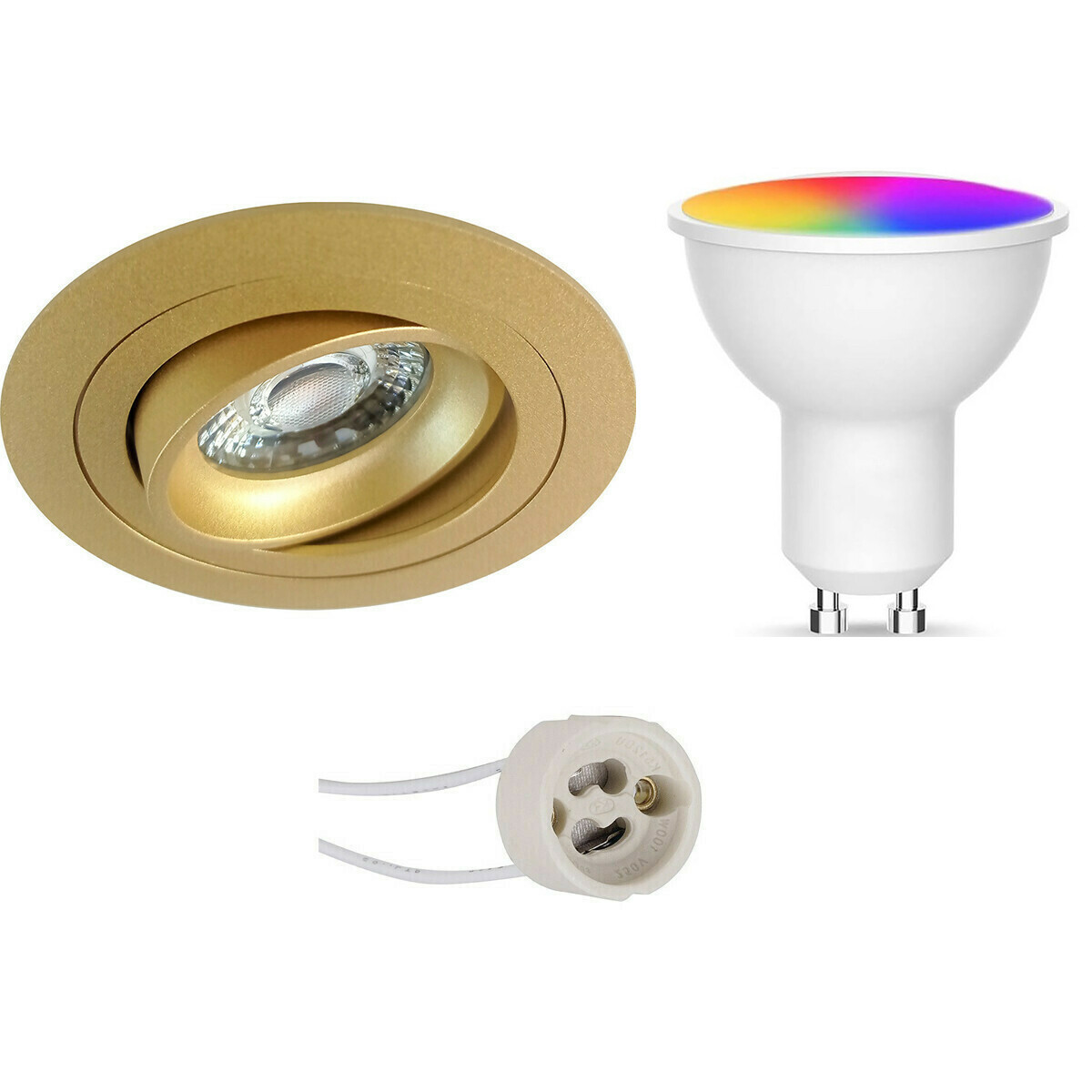 LED Spot Set GU10 - Facto - Smart LED - Wifi LED - Slimme LED - 5W - RGB+CCT - Aanpasbare Kleur - Dimbaar - Pragmi Alpin Pro - Inbouw Rond - Mat Goud - Kantelbaar - Ø92mm