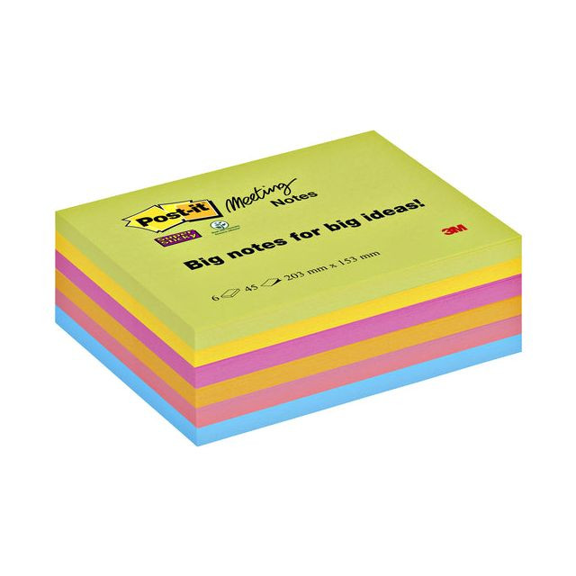 Post-it Super Sticky Meeting notes, 45 vel, ft 203 x 153 mm, geassorteerde kleuren, pak van 6 blokken