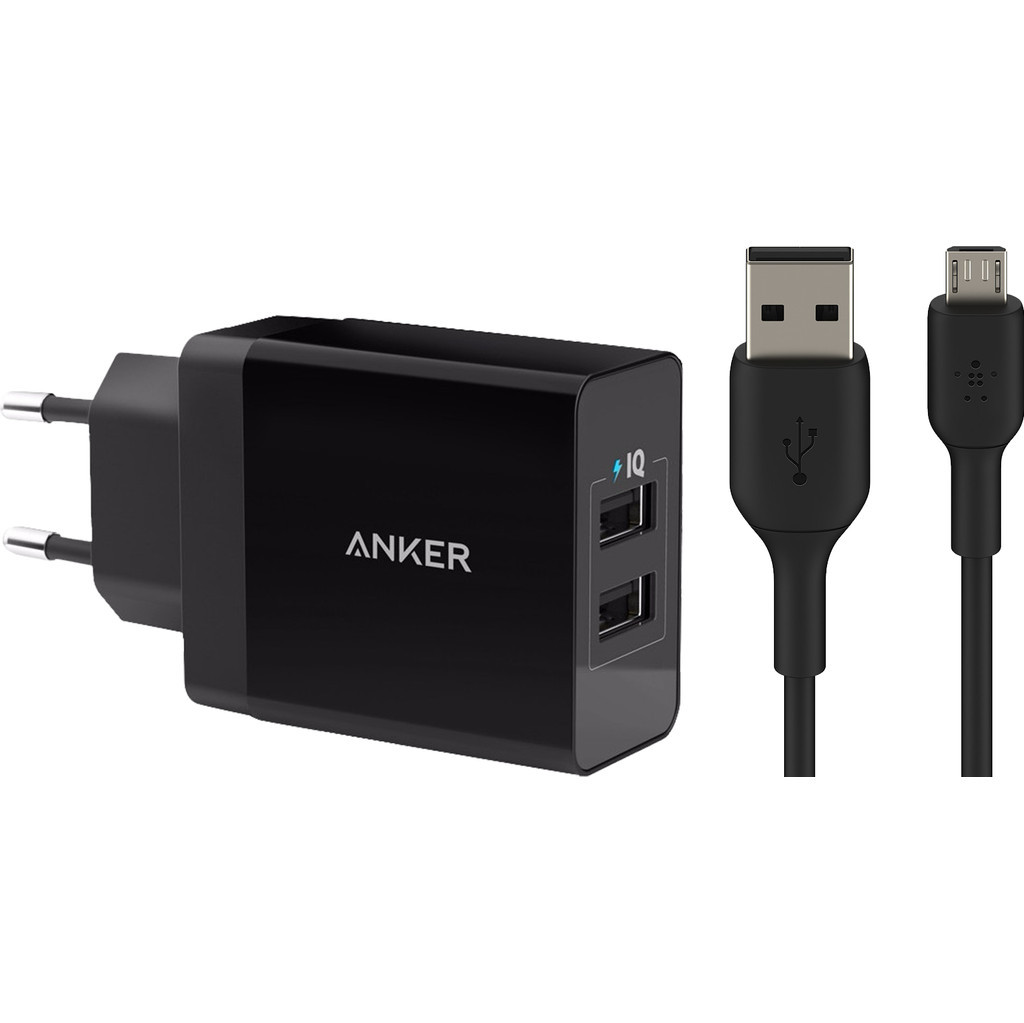 Anker Oplader 2 Usb poorten Zwart 12W + Micro Usb Kabel 1m Kunststof Zwart