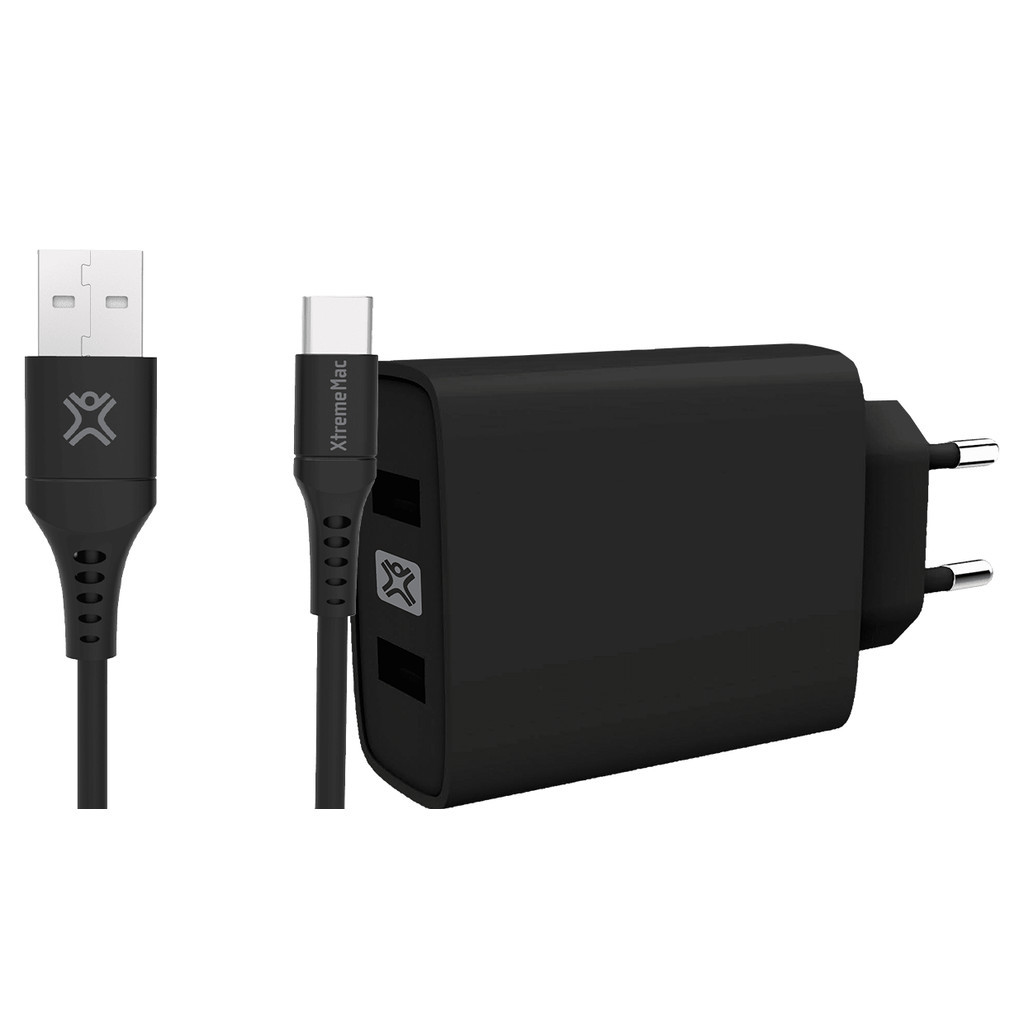 XtremeMac Quick Charge Oplader met 2 Usb A Poorten 18W + Usb  C Kabel 1m Kunststof Zwart