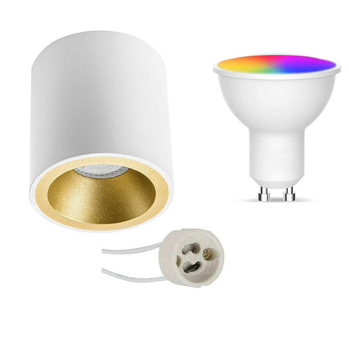 Opbouwspot Set GU10 - Facto - Smart LED - Wifi LED - Slimme LED - 5W - RGB+CCT - Aanpasbare Kleur - Dimbaar - Pragmi Cliron Pro - Opbouw Rond - Mat Wit/Goud - Verdiept - Ø90mm