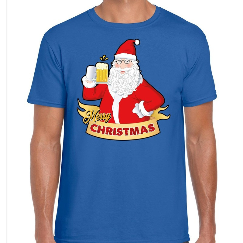 Kerst shirt merry christmas Santa bier / proost blauw heren