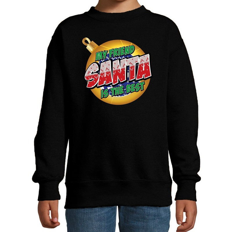 Foute kersttrui / sweater My friend Santa is the best zwart kids