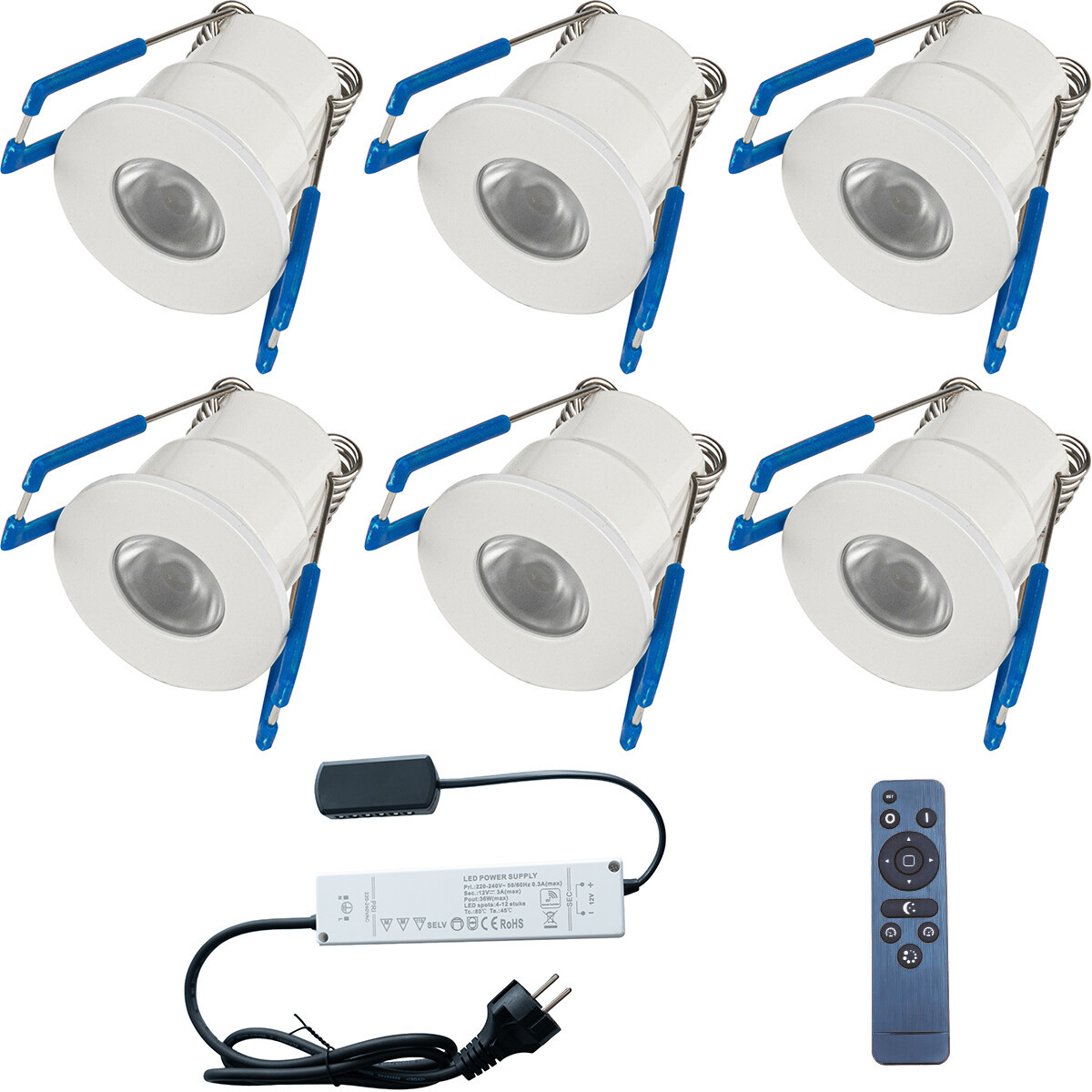 LED Veranda Spot Complete Set - Velvalux - 6 Stuks - 3W - Warm Wit 3000K - Dimbaar - Waterdicht IP65 - Inbouw - Rond - Mat Wit - Aluminium - 12V