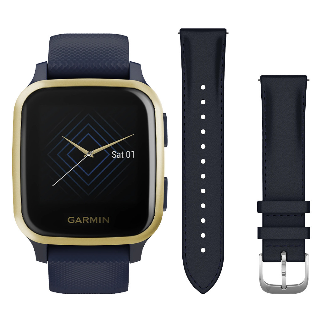 Garmin Venu Sq Music Blauw/Goud + Garmin Leren Bandje Blauw