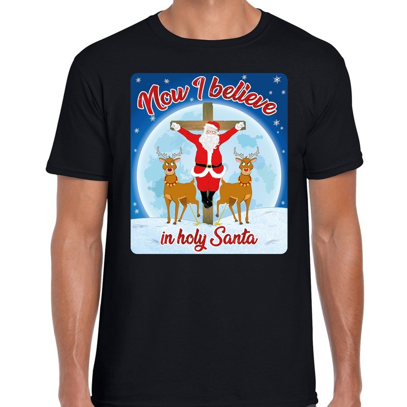 Fout kerst t-shirt now I believe zwart voor heren