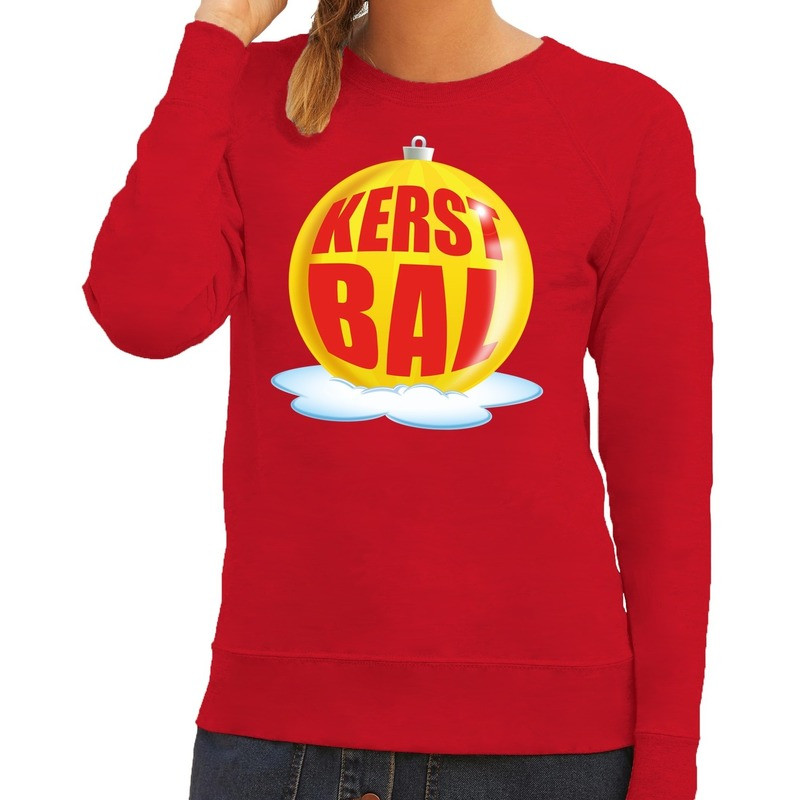 Foute kersttrui kerstbal geel op rode sweater voor dames