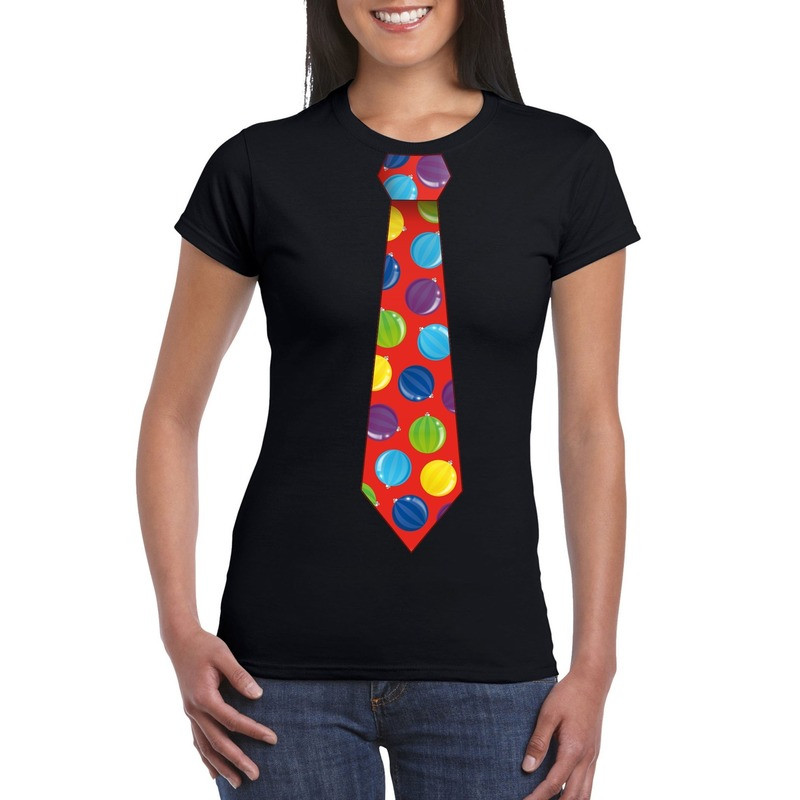 Kerst t-shirt stropdas met kerstballen print zwart voor dames