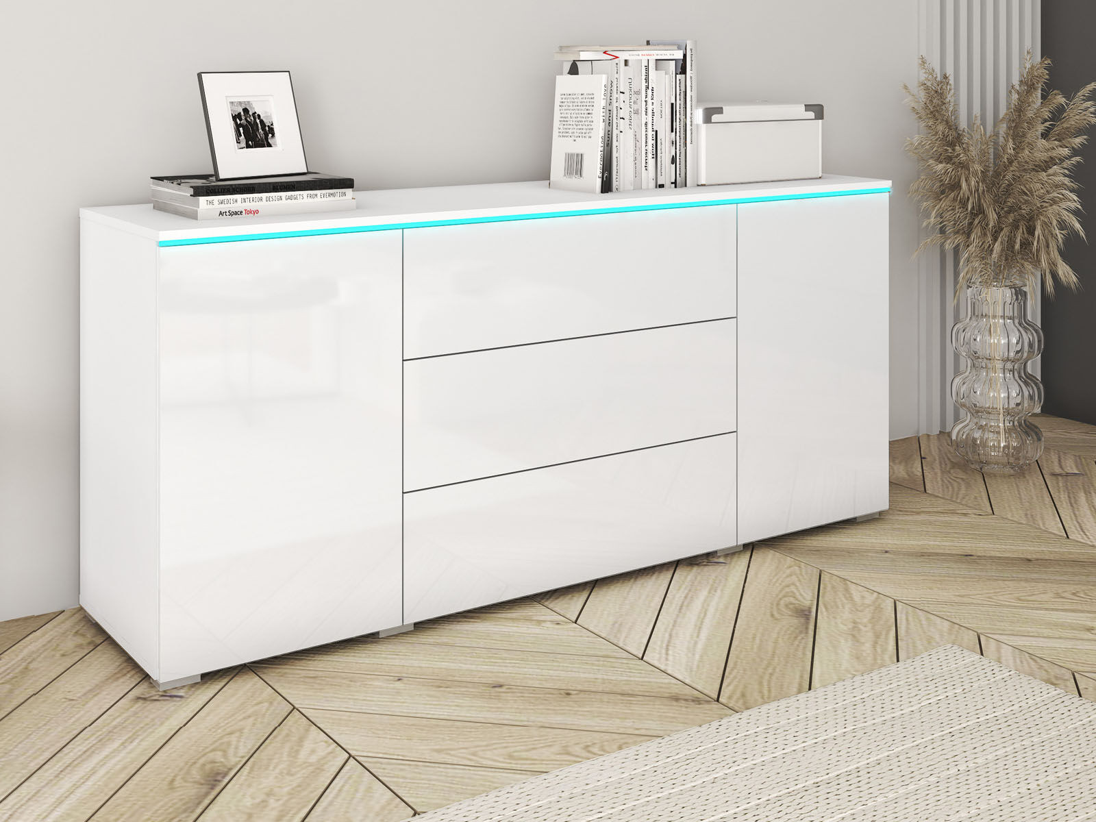 Dressoir VITTORIO 2 deuren 3 lades wit/hoogglans wit met led