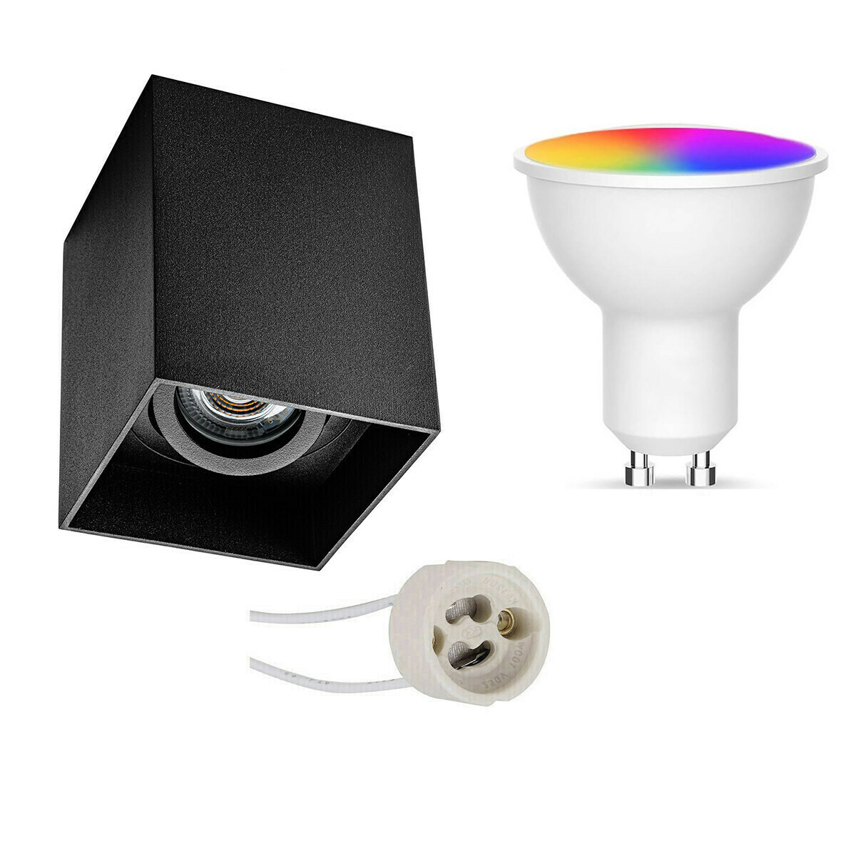 Opbouwspot Set GU10 - Facto - Smart LED - Wifi LED - Slimme LED - 5W - RGB+CCT - Aanpasbare Kleur - Dimbaar - Pragmi Luxina Pro - Opbouw Vierkant - Mat Zwart - Verdiept - Kantelbaar - 90mm