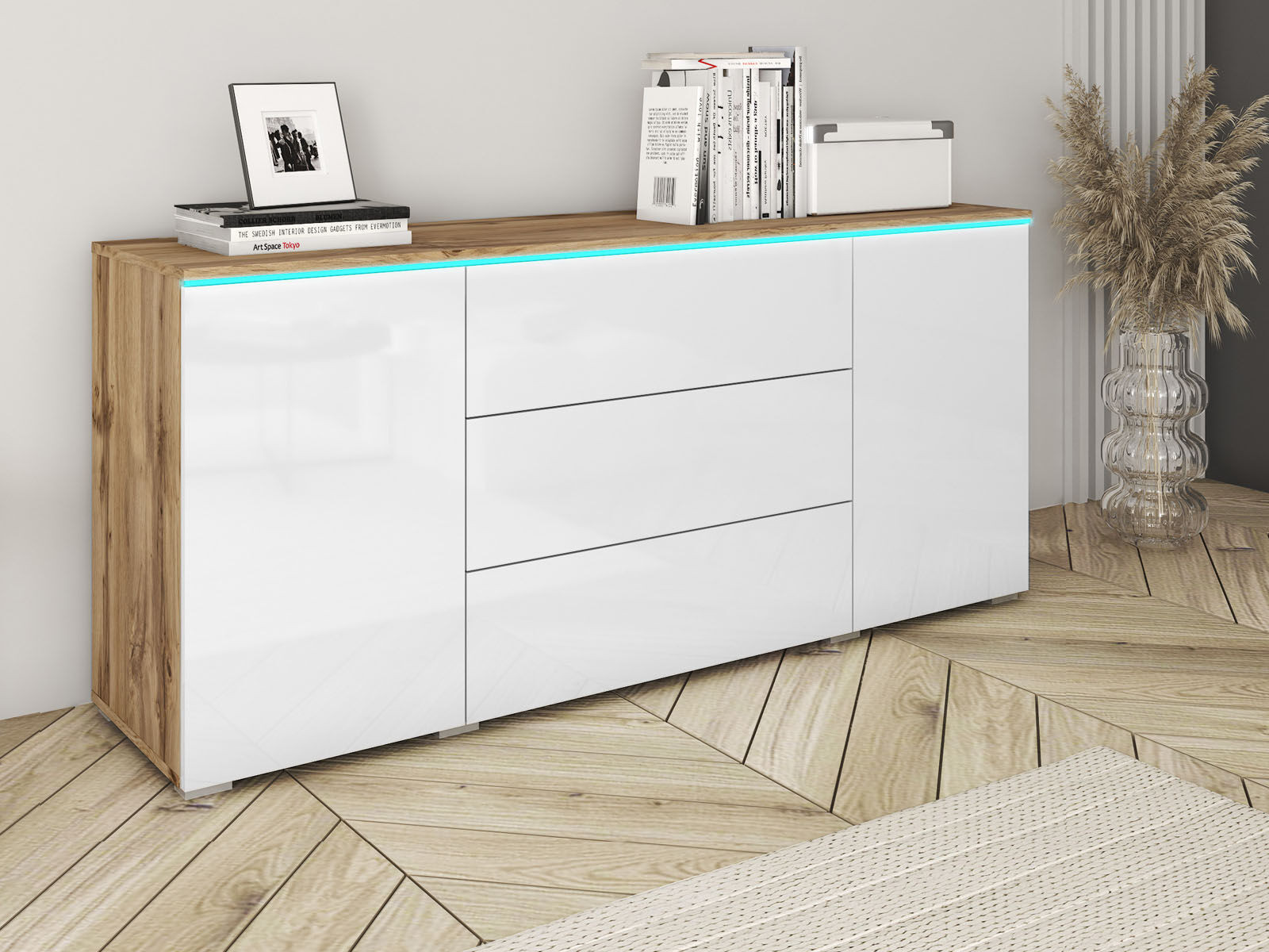 Dressoir VITTORIO 2 deuren 3 lades wotan eik/hoogglans wit met led