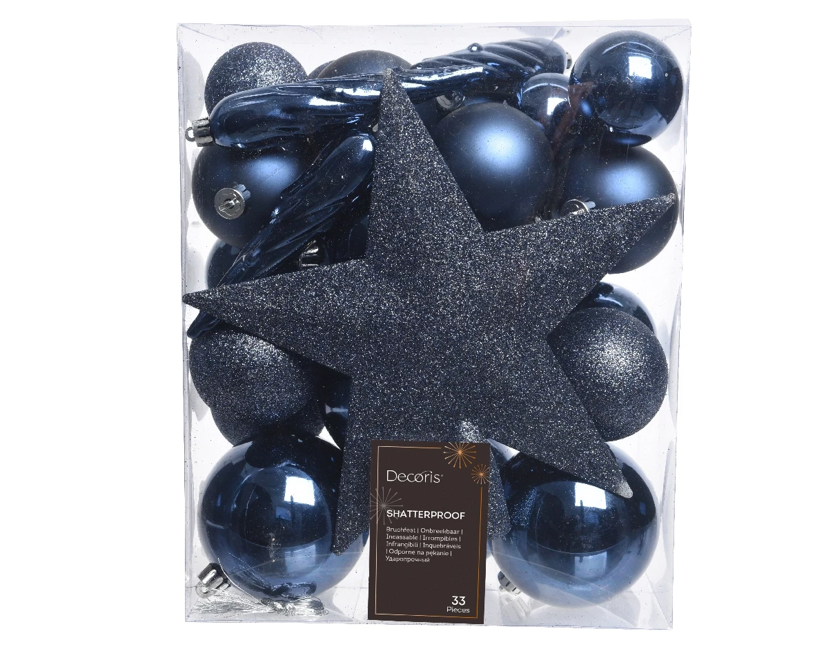 Decoris Kerstballen Plastic mix+piek 33st nachtblauw