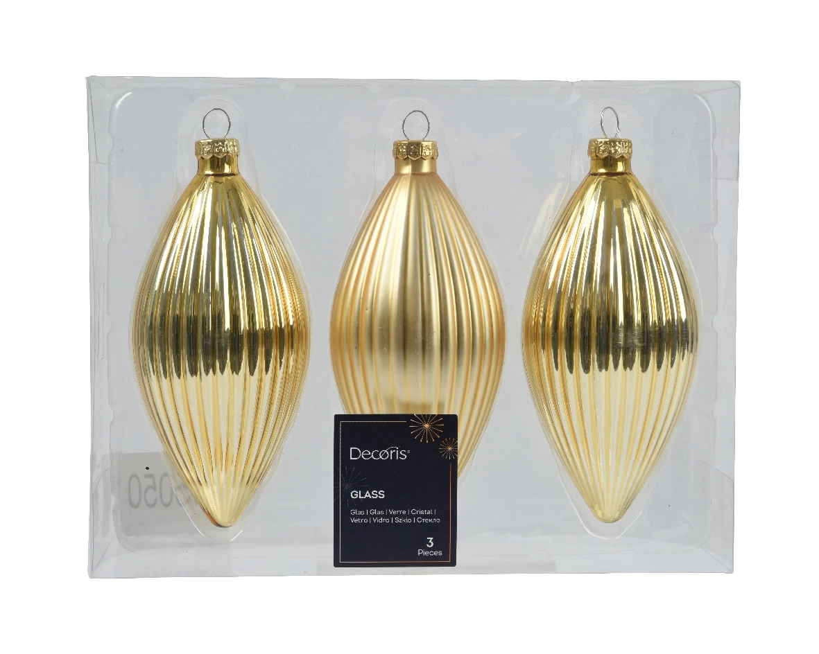 Decoris kerstornament glas olijf 3st licht goud 13cm