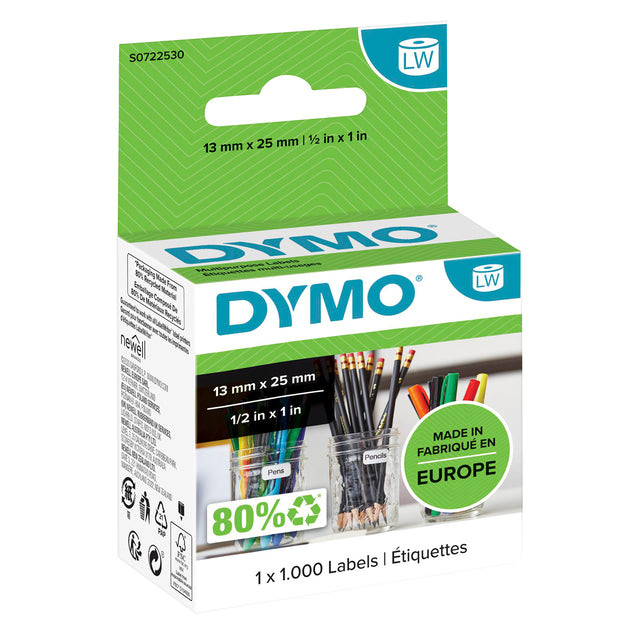 Dymo etiketten LabelWriter ft 13 x 25 mm, verwijderbaar, wit, 1000 etiketten