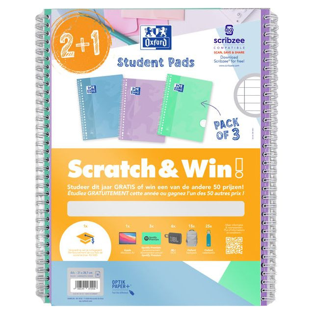 Oxford School collegeblok, ft A4+, gelijnd, 23-gaats, 80 vel, pastel assorti, 2+1 gratis, Scratch & Win