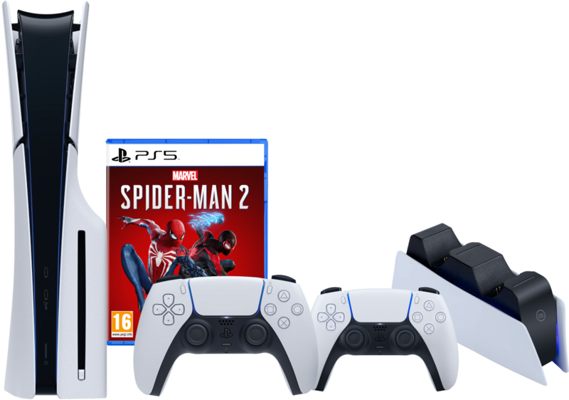 PlayStation 5 Slim Disc Edition + Spider-Man 2 + Extra Controller Wit + Oplaadstation