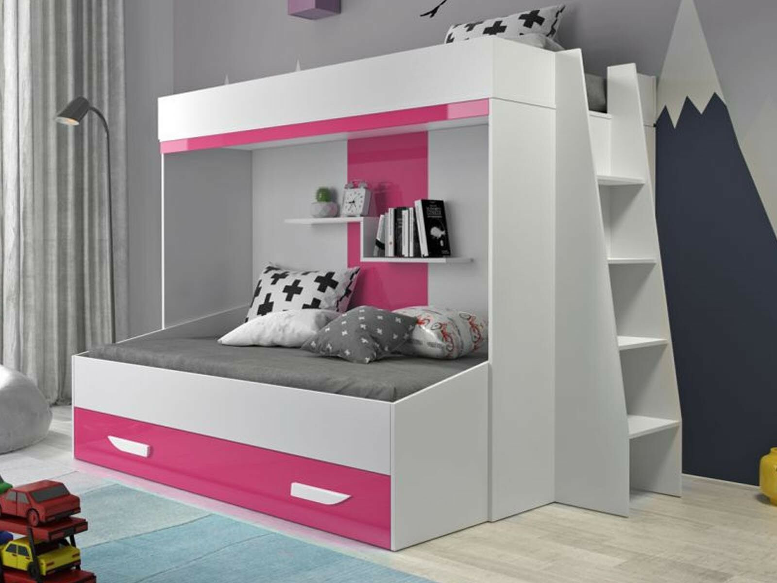 Stapelbed PAREO 90x200 cm wit/hoogglans roze met ladder aan de rechterzijde