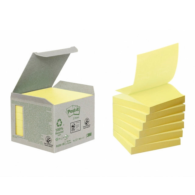 Post-it Recycled Z-notes, 100 vel, ft 76 x 76 mm, geel, pak van 6 blokken