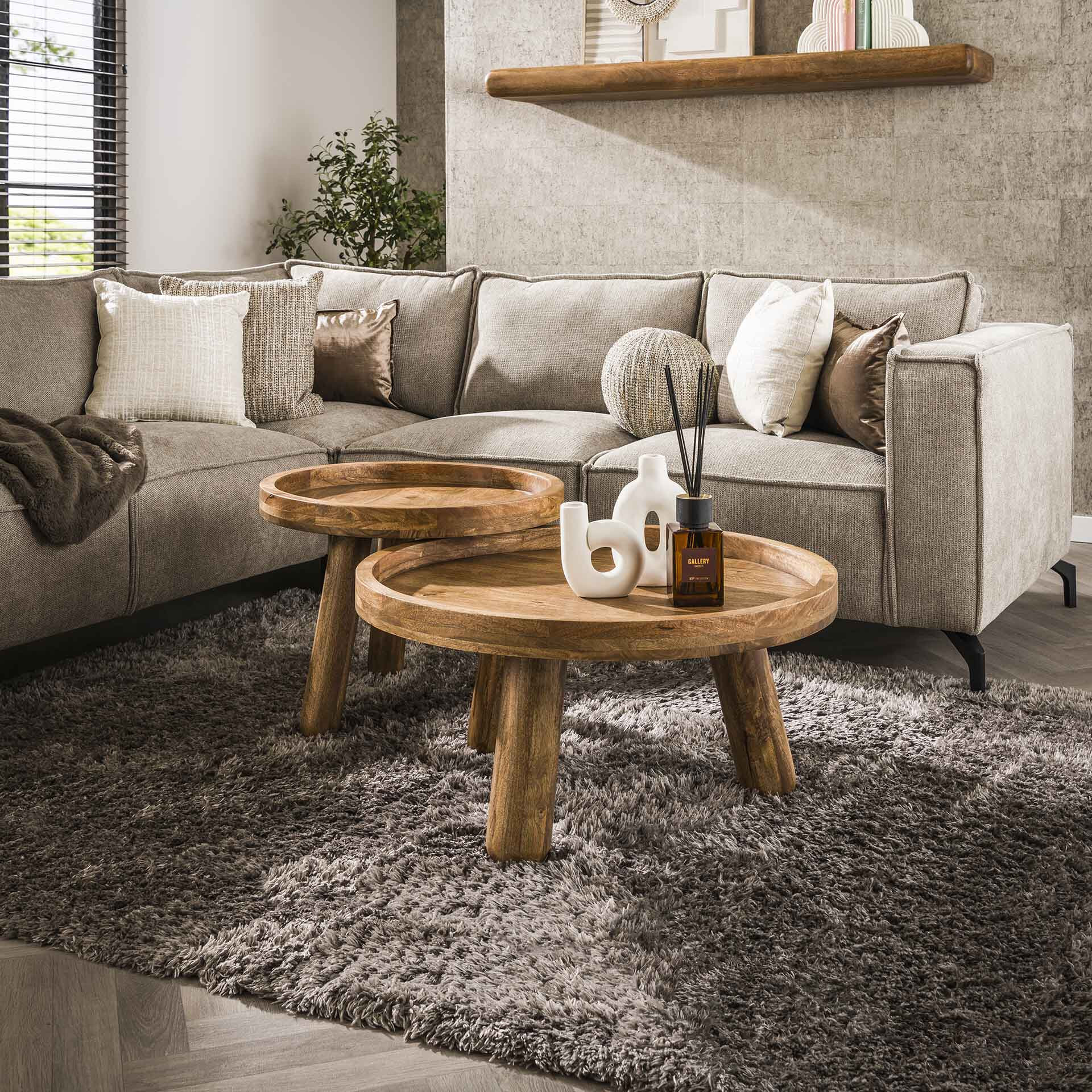 LifestyleFurn Ronde Salontafel Kanda Mangohout, Set van 2 stuks - Massief mango zandkleur