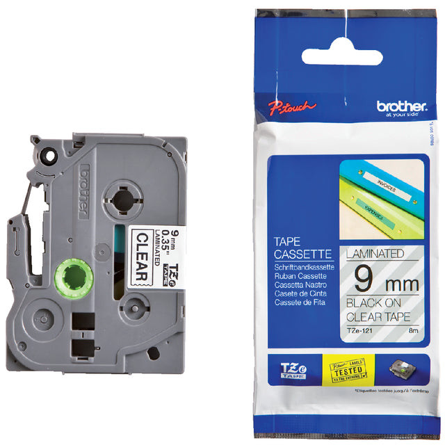 Brother TZe tape voor P-Touch 9 mm, zwart op transparant