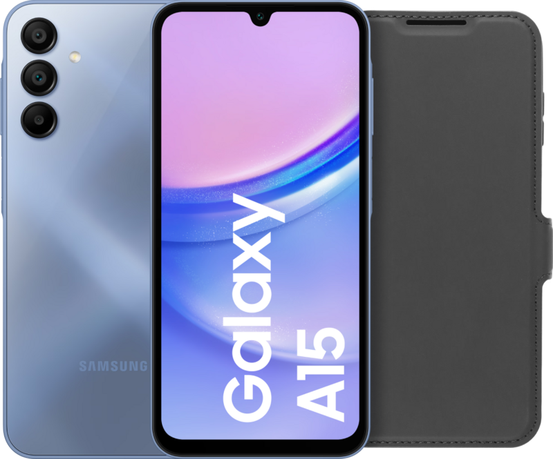 Samsung Galaxy A15 128GB Blauw 4G + BlueBuilt Book Case Zwart