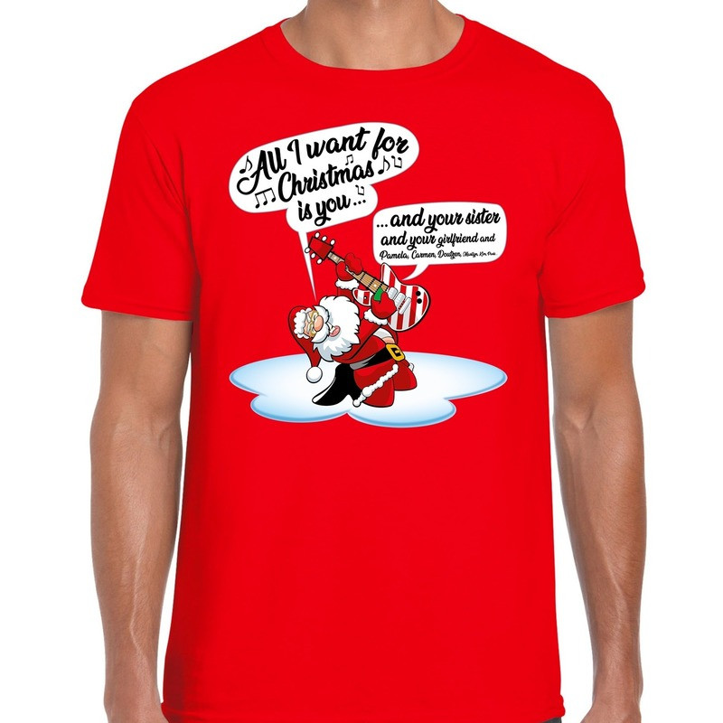 Fout Kerst shirt zingende kerstman met gitaar rood voor heren