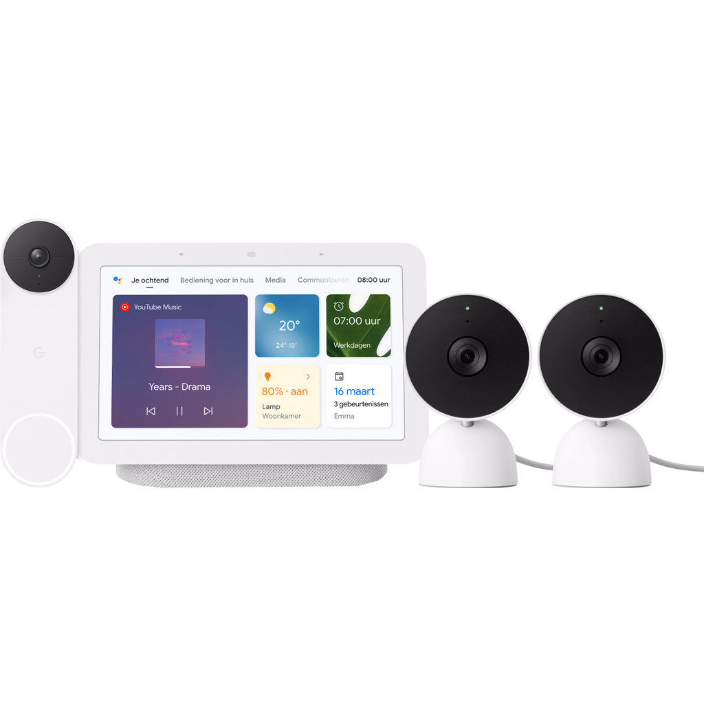 Google Nest Cam Indoor Wired 2-pack + Nest Deurbel + Nest Hub 2